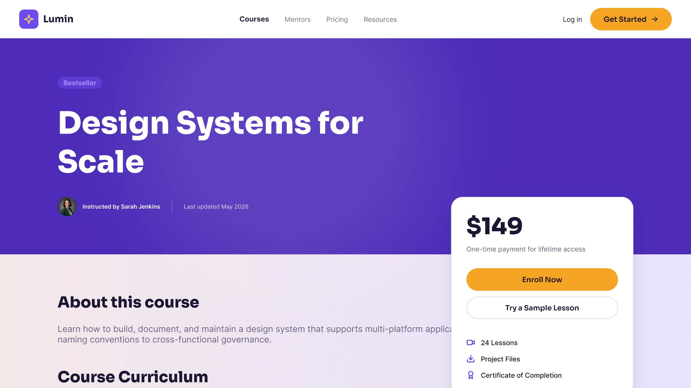 Top of the Lumin course page for 'Design Systems for Scale': a violet hero with the course title and instructor, beside a $149 price card with an Enroll Now button, a Try a Sample Lesson button, and what the course includes.