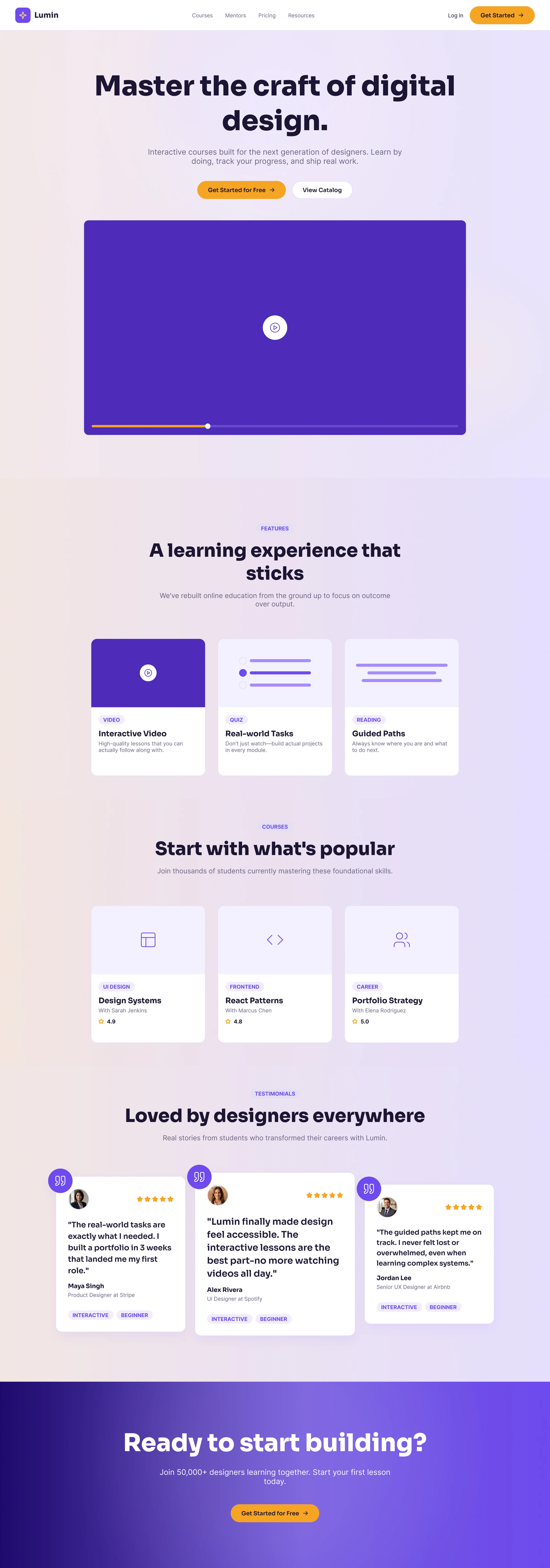 Lumin marketing homepage with a 'Master the craft of digital design' hero above a video player, three lesson-format cards (Interactive Video, Real-world Tasks, Guided Paths), a popular-courses row, and student testimonials.