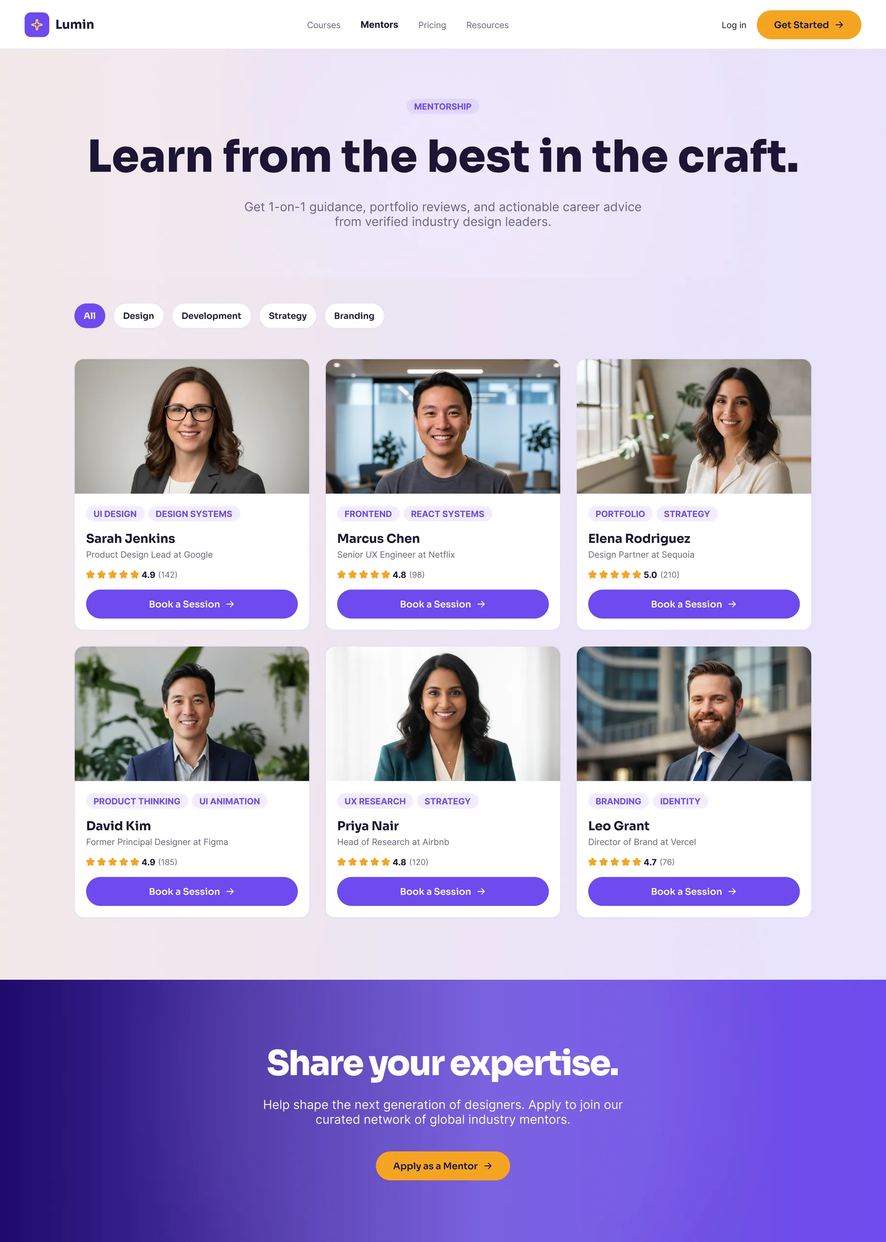 Mentors directory headed 'Learn from the best in the craft', above a filterable grid of mentor cards showing photo, expertise tags, role, rating and review count, each with a 'Book a Session' button.