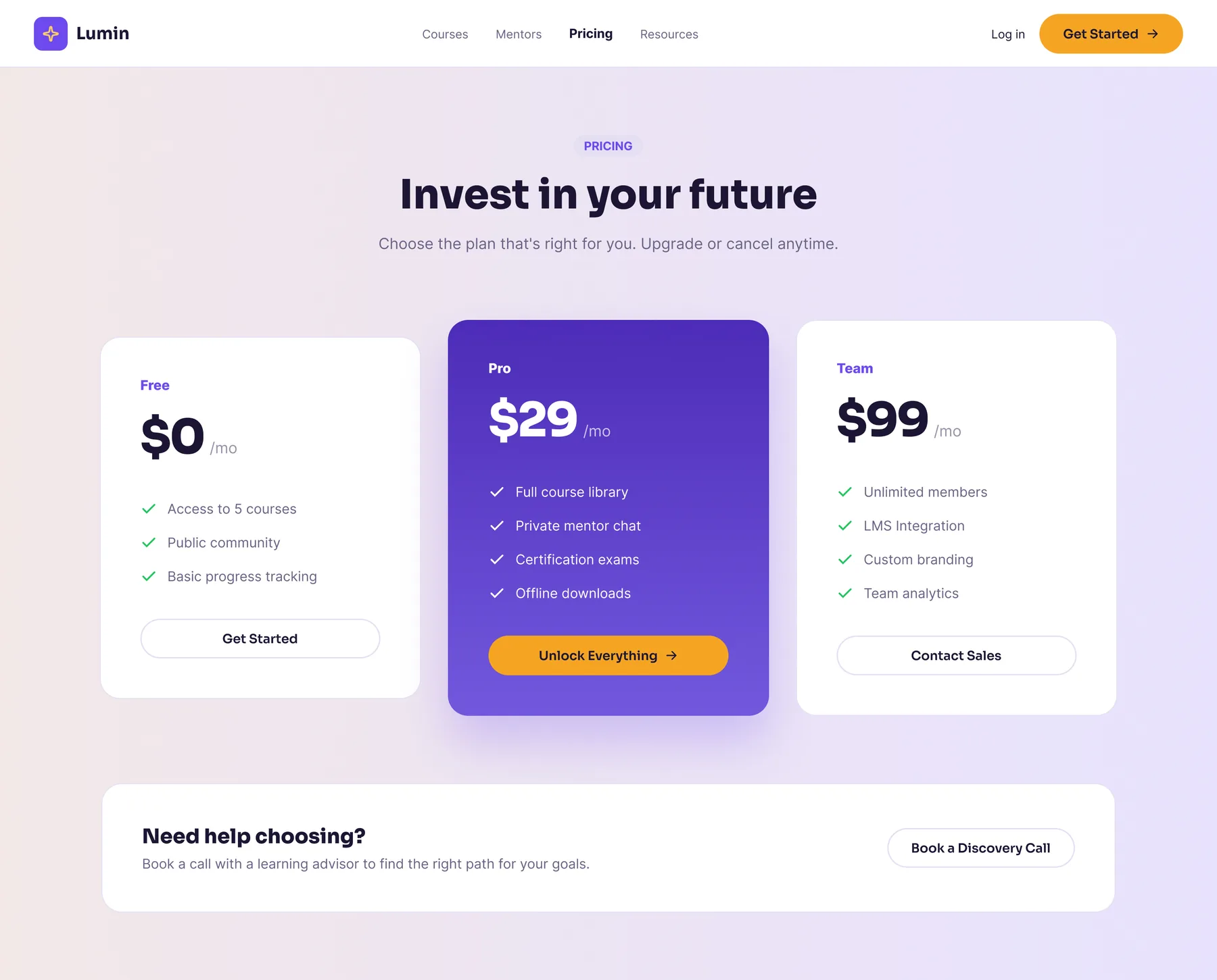 Pricing page with three tiers (Free, Pro at $29/mo highlighted in violet, Team at $99/mo) with feature checklists, above a 'Need help choosing?' discovery-call prompt.
