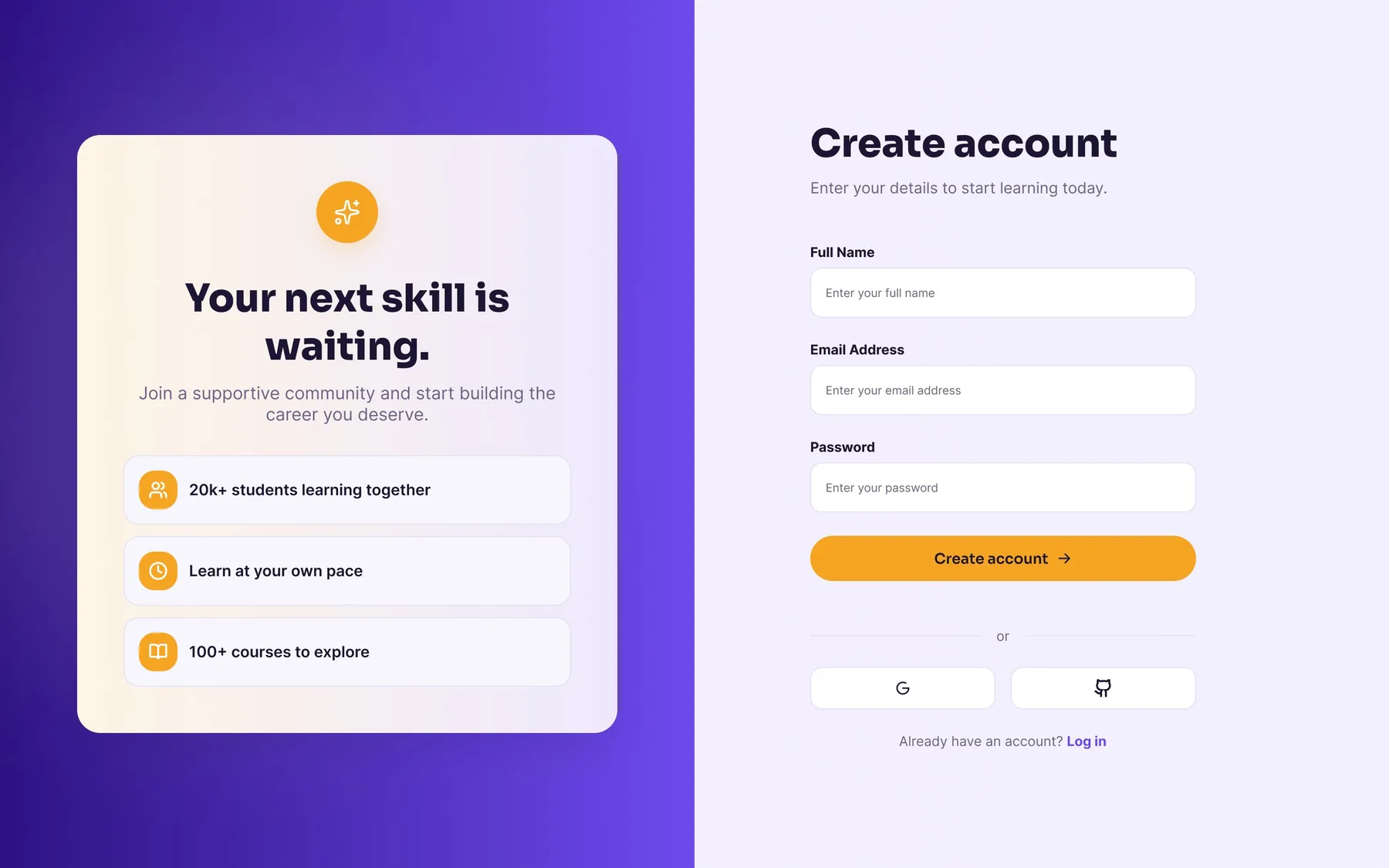 Create-account screen in a split layout, with 'Your next skill is waiting' and social-proof stats on the left, and a name/email/password form with Google and GitHub options on the right.