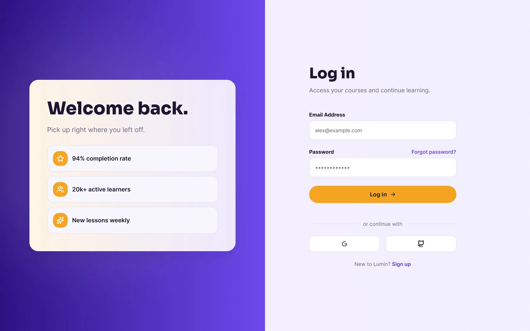 Log-in screen headed 'Welcome back', with completion-rate and active-learner stats beside an email and password form, social log-in options, and a link to sign up.