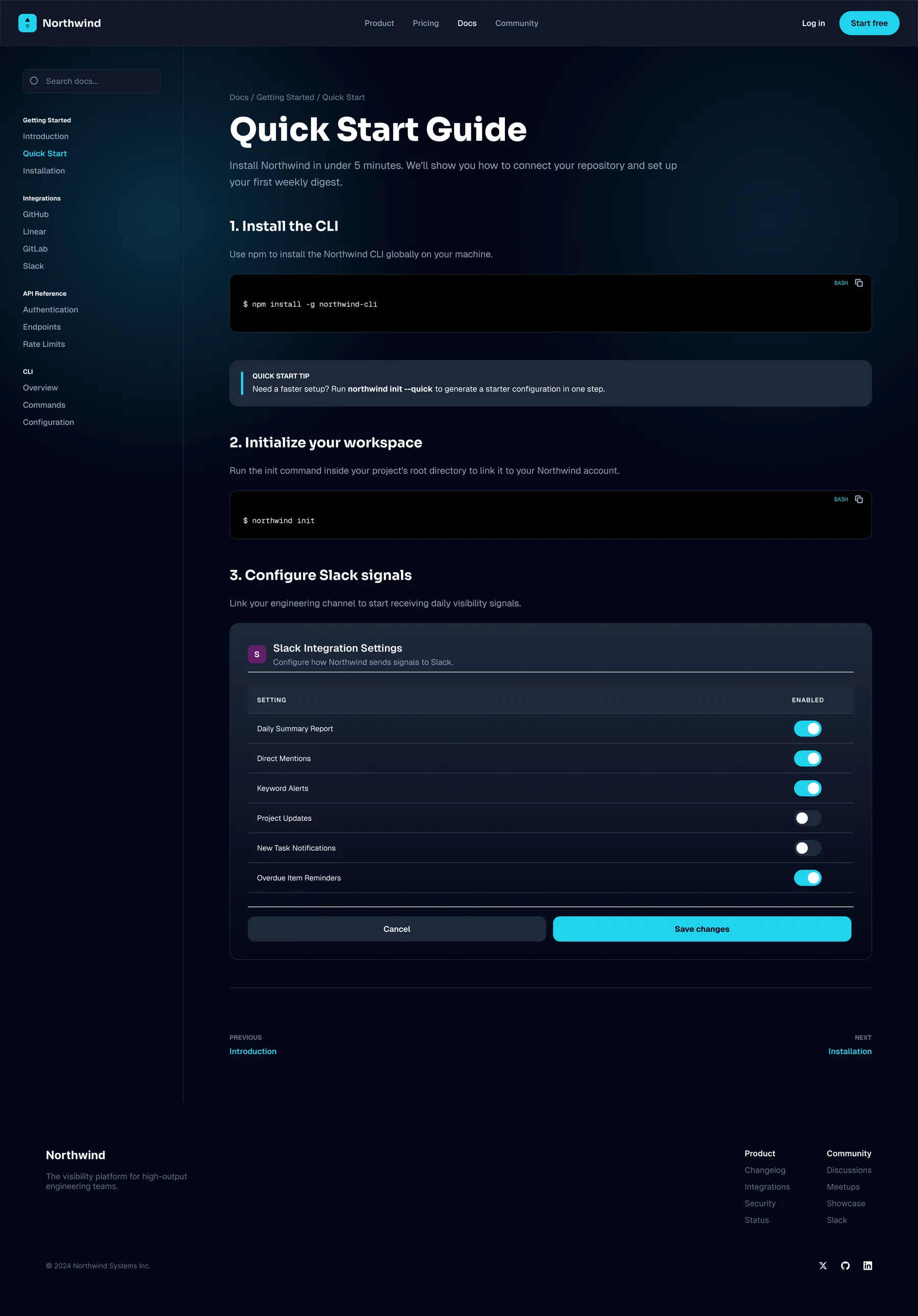 Documentation page showing a 'Quick Start Guide' article with a docs sidebar (Getting Started, Integrations, API Reference, CLI), numbered install steps with copyable bash snippets, and a Slack integration settings panel of toggles.